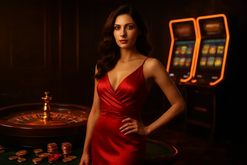 Elegant woman in red dress beside roulette and slot machines in luxury casino