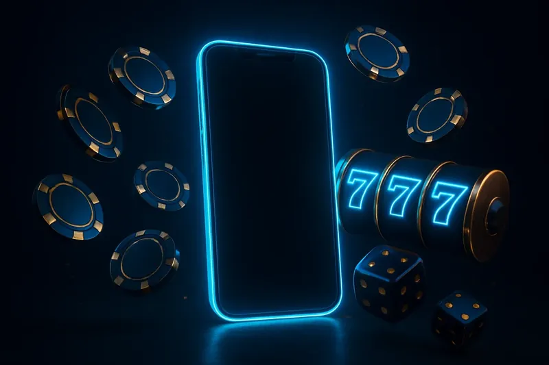 Glowing smartphone with floating casino chips, dice, and slot reels